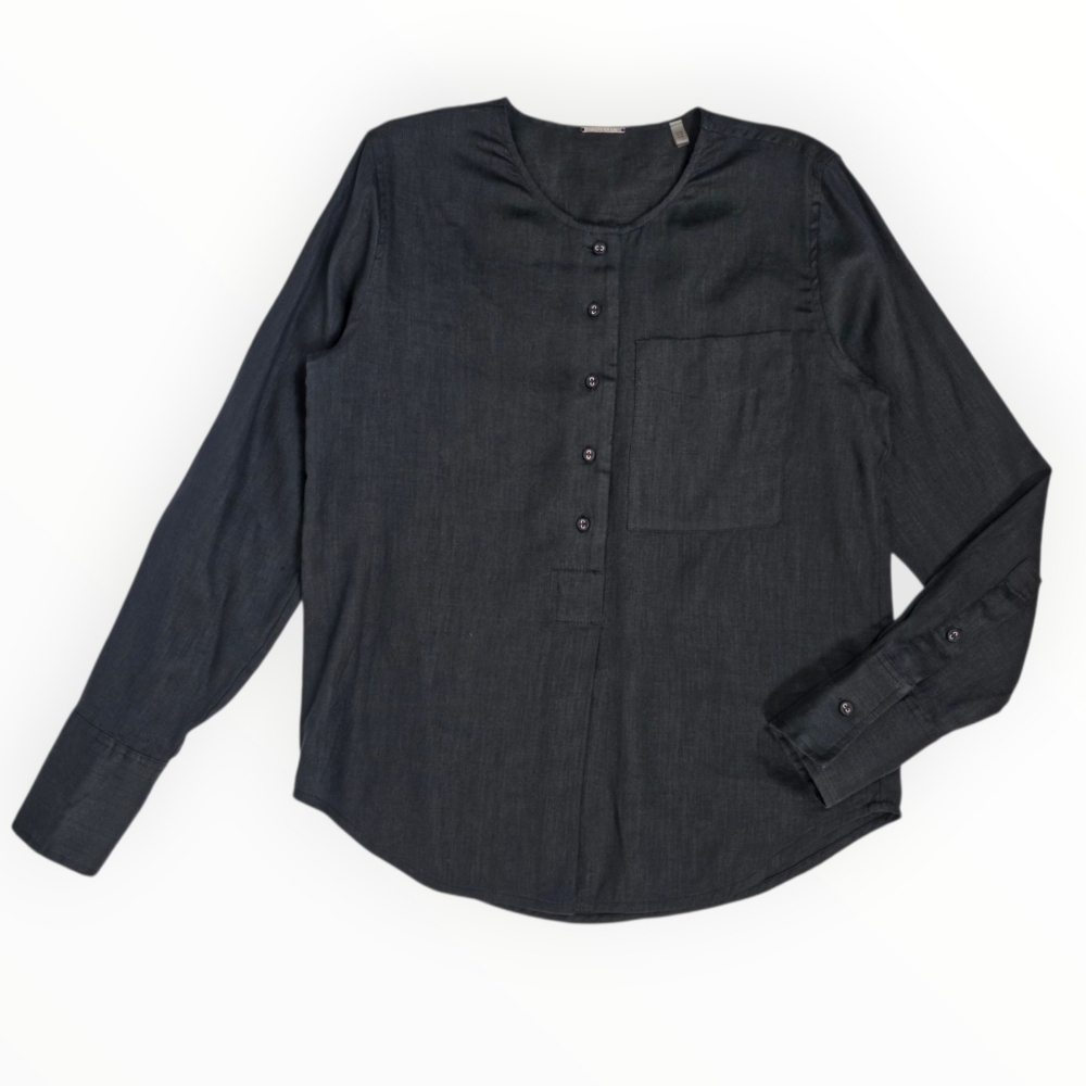 Elie Tahari Linen Henley Popover Blouse Shirt Black Long Sleeve Pocket XS